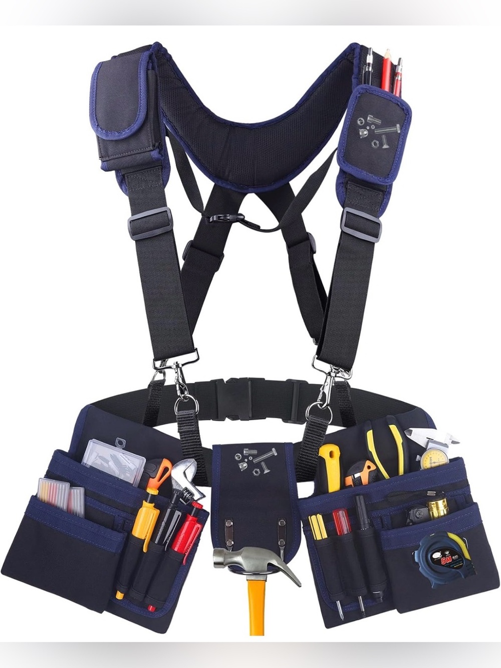 Men's Black and Blue Tool Belt Harness with Multi-Pocket Pouches